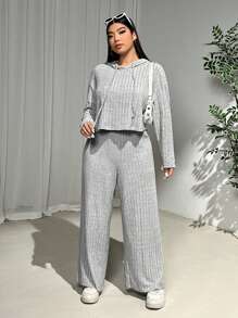 SHEIN EZwear 2 件大码女士休闲灰色运动服套装，秋冬 - 灰色 - 查看 5