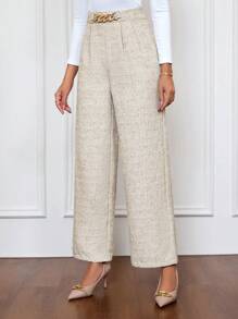SHEIN Clasi Women's Elegant Loose Wide Leg Pants With Waist Chain Decor, For Commute Business Casual Women - Apricot - View 3
