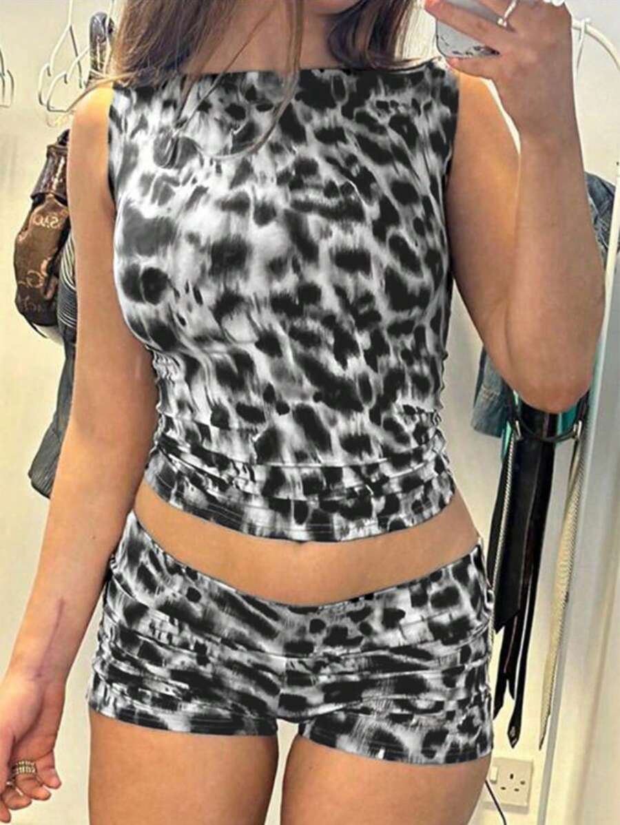 INAWLY 2pcs Women Leopard Print Sleeveless Top And Shorts Set