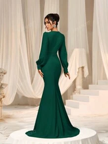 Faeriesty Elegant Cross-Over V-Neck Lantern Sleeve Mermaid Hem Dress - Sophisticated Timeless Design For Spring/Summer Weddings, Galas, Red Carpet Bridesmaid Dress