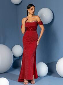 紧身露肩荷叶边亮片露肩舞会礼服 - 紅色 - 查看 5