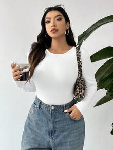 CovetEZ Plus Size Bodycon cổ tròn dài tay cơ bản cho đầu thu - trắng - Xem 6