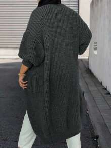 SHEIN LUNE Plus Size Women's Solid Color Dropped Shoulder Long Sleeve Casual Open Cardigan, Fall/Winter - Dark Grey - View 1
