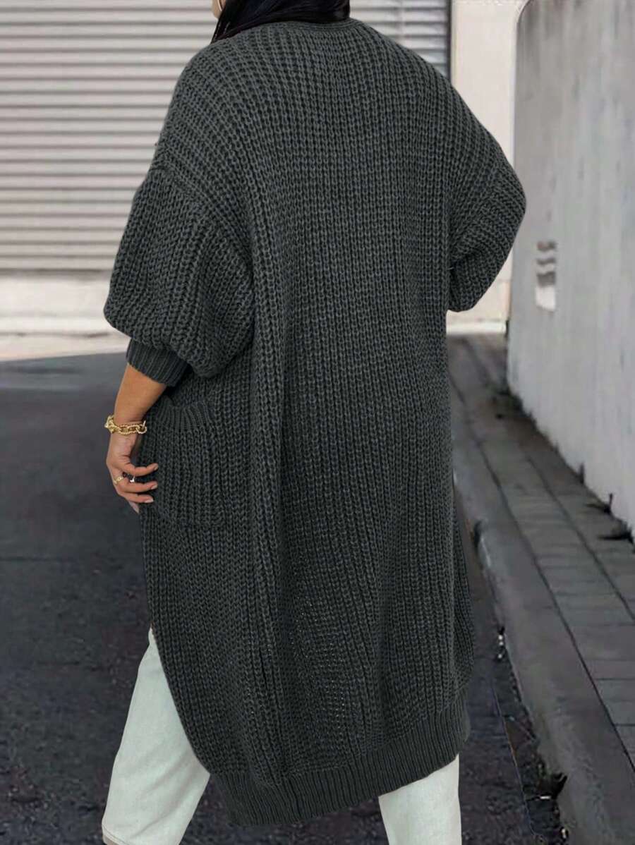 SHEIN LUNE Plus Size Women's Solid Color Dropped Shoulder Long Sleeve Casual Open Cardigan, Fall/Winter - Dark Grey - View 1