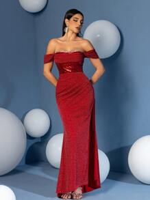 紧身露肩荷叶边亮片露肩舞会礼服 - 紅色 - 查看 3