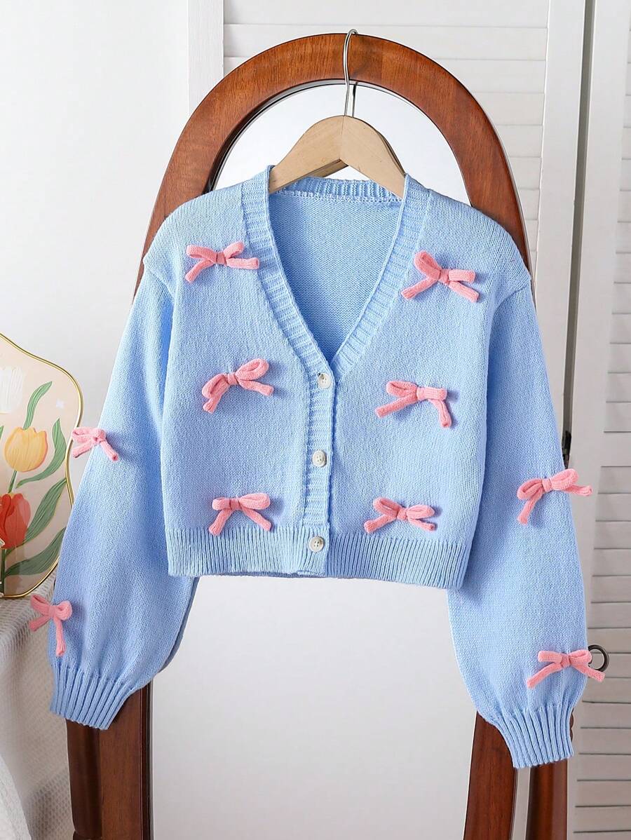 SHEIN Elladie kids Tween Girl 超大休闲可爱柔软简约温暖优雅 3D 蝴蝶结针织开衫 - 浅蓝色,适合日常穿着、学校、派对、秋冬季 - 淺藍色 - 查看 1