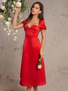 L'Amorae Button Decor Puff Sleeve Dress For Summer