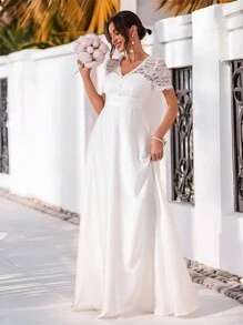 SHEIN Belle Vestido floral de manga corta con encaje en el escote en V, vestido de novia - Blanco - Ver 7