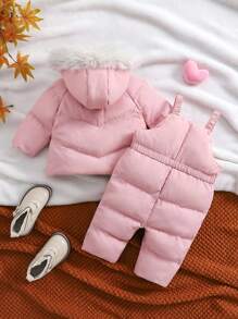 SHEIN 新生婴儿女孩和男孩，男女通用婴儿保暖连帽衫和围兜裤连体服套装，粉色，适合秋冬季户外活动、滑雪 - 粉色 - 查看 2