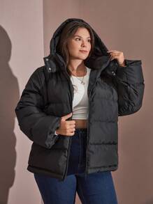 RueChic Plus Zip Up Hooded Padded Coat - Black - View 4