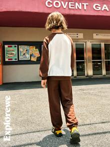 SHEIN 2pcs/Set Tween Boys Color Block Letter Print Casual Pullover And Pants Outfits, Suitable For Outdoor Daily Wear In Fall