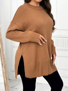 SHEIN LUNE Plus Size Women's Solid Color Crew Neck Long Sleeve Sweater, For Winter Knit Pullover Fall - Khaki - View 5