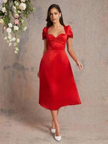 L'Amorae Button Decor Puff Sleeve Dress For Summer