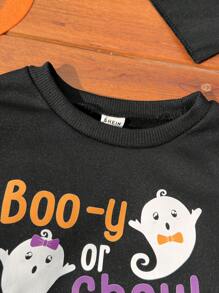 1pc Young Boys Black Casual Cute Ghost Colorful Text Halloween Pattern Thermal Lined Raglan Crewneck Thick Sweatshirt, Suitable For Daily, Family Events, Halloween, Autumn Winter - Black - View 5