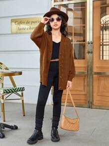 SHEIN Cardigan ample et décontracté à manches longues et épaules tombantes de couleur unie pour jeune fille, automne/hiver