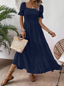 EMERY ROSE 女士纯色方领短袖连衣裙长款女装 - 藏蓝色 - 查看 6
