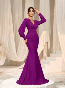 Faeriesty Elegant Cross-Over V-Neck Lantern Sleeve Mermaid Hem Dress - Sophisticated Timeless Design For Spring/Summer Weddings, Galas, Red Carpet Bridesmaid Dress