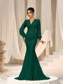 Faeriesty Elegant Cross-Over V-Neck Lantern Sleeve Mermaid Hem Dress - Sophisticated Timeless Design For Spring/Summer Weddings, Galas, Red Carpet Bridesmaid Dress