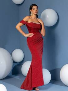 紧身露肩荷叶边亮片露肩舞会礼服 - 紅色 - 查看 1
