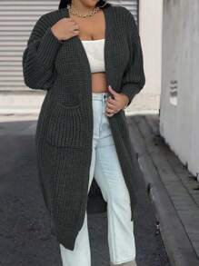SHEIN LUNE Plus Size Women's Solid Color Dropped Shoulder Long Sleeve Casual Open Cardigan, Fall/Winter - Dark Grey - View 4