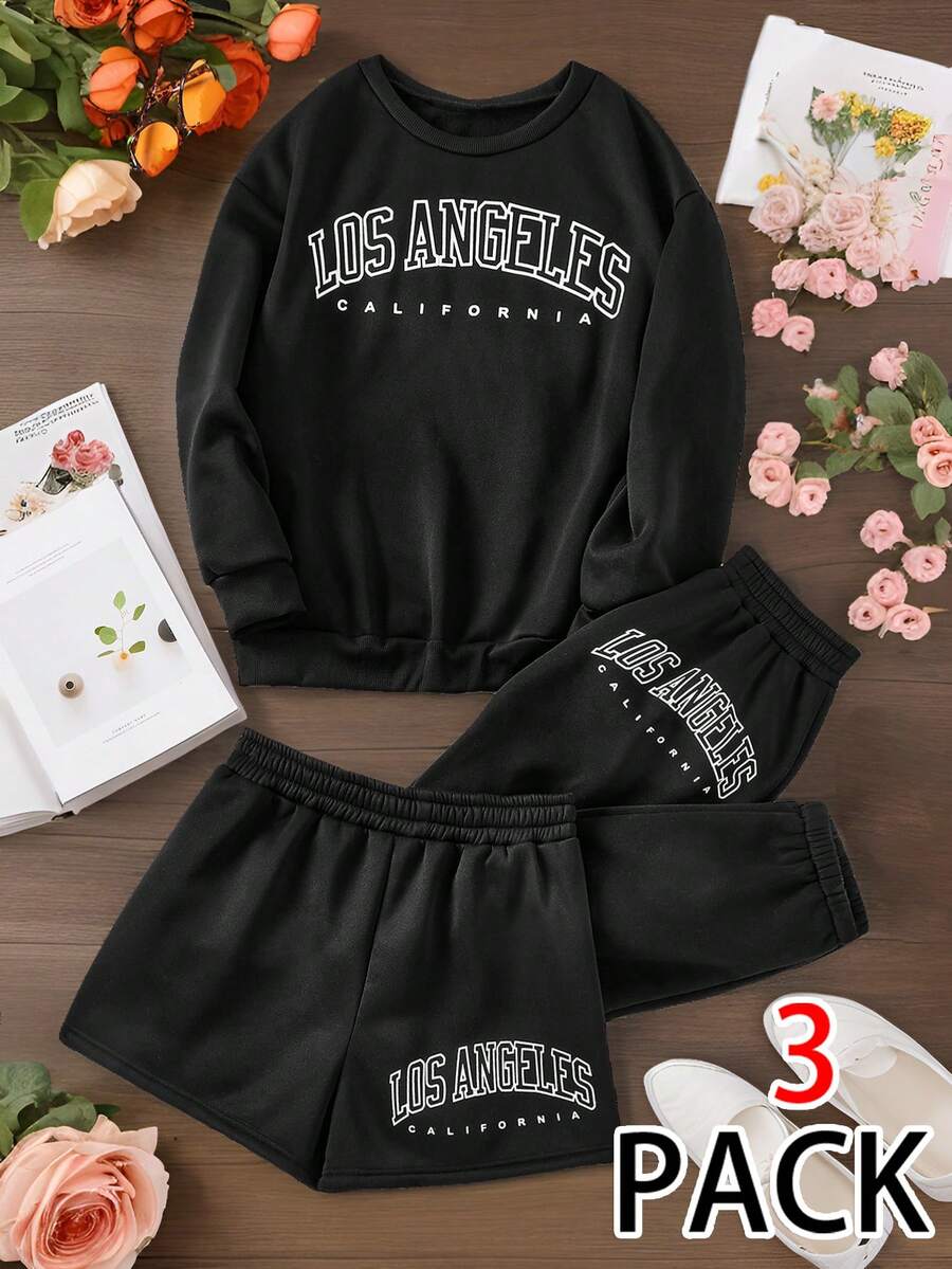 Flirla Plus Size 3-Piece Set, Sweatshirt Suit, Casual Sports Style, Versatile, Round Neck Long Sleeve Sweatshirt, Sweatpants, Long Pants & Shorts Multi-Piece Set - Black - View 1