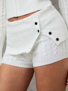 SHEIN BAE Pantalon court en maille à couleur unie avec pli à la taille et décoration de boutons, chandail décontracté pour femmes, blanc, pantalon pour femmes en hiver, tenues d'automne pour femmes, chandails d'automne, vêtements d'automne pour femmes - Blanc - Voir 4