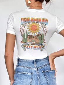 SHEIN EZwear Bộ 3 Áo thun nữ cổ tròn dài tay ôm vừa vặn họa tiết hoa hướng dương và ô tô đơn giản, phù hợp cho mùa hè - Nhiều màu - Xem 2