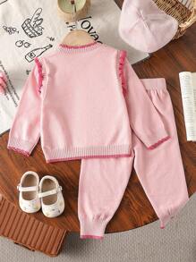SHEIN Vintaside Kids Baby Girl Handmade Floral Knitted Sweater Set, Autumn & Winter - Baby Pink - View 2