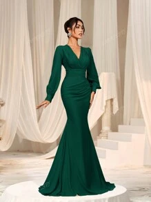 Faeriesty Elegant Cross-Over V-Neck Lantern Sleeve Mermaid Hem Dress - Sophisticated Timeless Design For Spring/Summer Weddings, Galas, Red Carpet Bridesmaid Dress