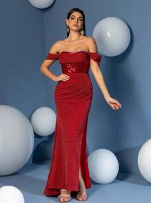 紧身露肩荷叶边亮片露肩舞会礼服 - 紅色 - 查看 6