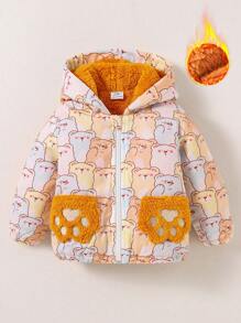 SHEIN Baby Boy Front Zipper Long Sleeve Allover Bear Print Fuzzy Pocket Hoodie, Casual Everyday Wear