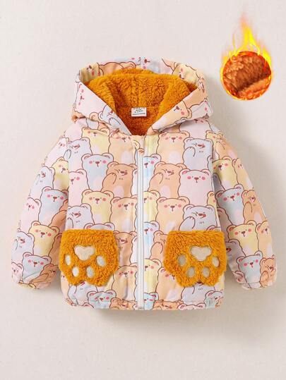 SHEIN Baby Boy Front Zipper Long Sleeve Allover Bear Print Fuzzy Pocket Hoodie, Casual Everyday Wear