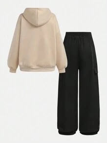 SHEIN Girlism 2 件装少女白色英式印花保暖内衬宽松连帽衫和加长裤套装，加厚 - 杏色 - 查看 2