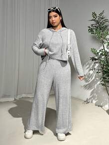 SHEIN EZwear 2 件大码女士休闲灰色运动服套装，秋冬 - 灰色 - 查看 3