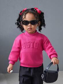 SHEIN NovaGlow Baby Girl Mommy And Me Matching Outfits: 1pc Cute Letter Embossed Pattern Knitted Fuchsia Long Sleeve Sweatshirt For Baby Girl, Casual And For Outdoor Wear (2 Pieces Sold Separately),In Fall/Winter - Hot Pink - View 3