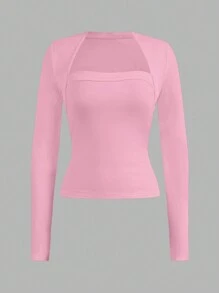 SHEIN EZwear 2 件套女士休闲修身长袖 T 恤，黑色和粉色，适合秋冬季 - 彩色 - 查看 8