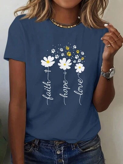 INAWLY Paw And Flower Print T-Shirt, Floral Print T-Shirt, Daisy Pattern T-Shirt, Faith Shirt, Spring/Summer Casual Round Neck Short Sleeve T-Shirt Graphic Tees Women Tops