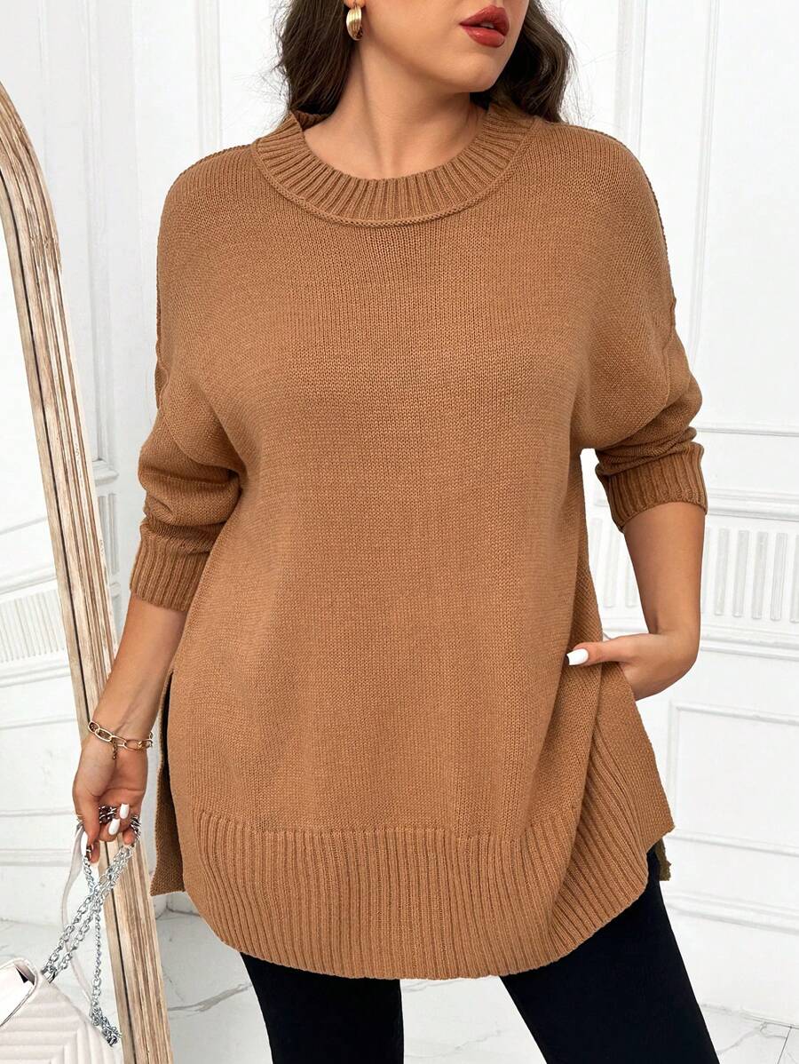 SHEIN LUNE Plus Size Women's Solid Color Crew Neck Long Sleeve Sweater, For Winter Knit Pullover Fall - Khaki - View 1