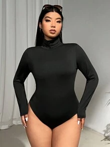 GalTyme Plus Size Women Black Turtleneck Bodysuit, Fall/Winter - Black - View 5