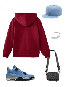 SHEIN Leap Crew 1 件青少年男孩休闲宽松街头风格文字印花连帽运动衫，适合秋冬季