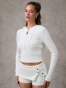 SHEIN BAE Femmes unicolore Zip à capuche Manches longues Chandail décontracté Chandail Cardigan Chandail Femmes Cardigans Femmes pull à capuche Chandails d'automne Parementure texturée Zip Cardigan femme est hypoallergénique et doux