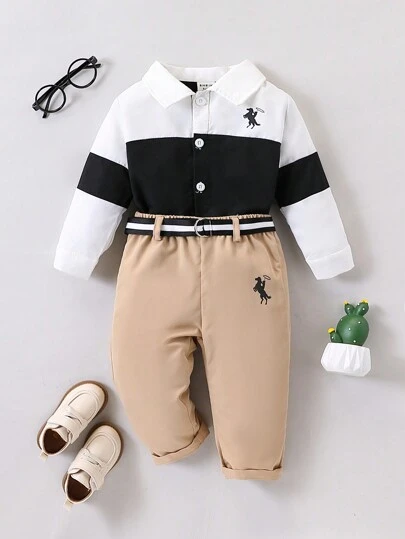 2 件套男婴时尚黑白主题服装，带有可爱的小马图案，视觉上对比鲜明，可爱又时尚，适合学校活动、家庭聚会、节日