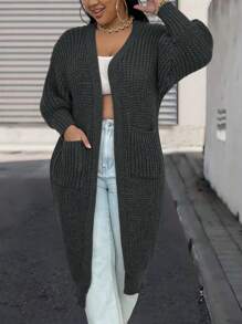 SHEIN LUNE Plus Size Women's Solid Color Dropped Shoulder Long Sleeve Casual Open Cardigan, Fall/Winter - Dark Grey - View 3