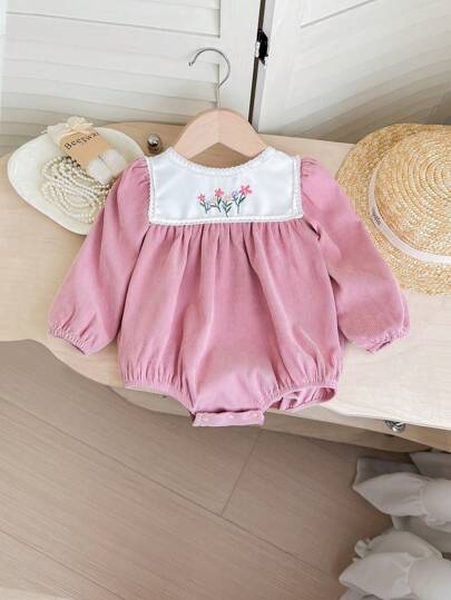 SHEIN LMoss Kids Bebé niña recién nacida Peto de corduroy con parches y bordado, estilo lindo de otoño