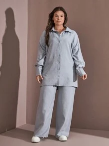 RueChic Plus Shirt & Wide Leg Pants Set - Baby Blue - View 4