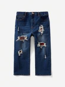 SHEIN Tween Boy 基本款休闲复古洗水拼色牛仔裤