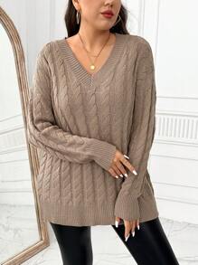 SHEIN LUNE Plus Size Solid V-Neck Casual Long Sleeve Pullover Sweater