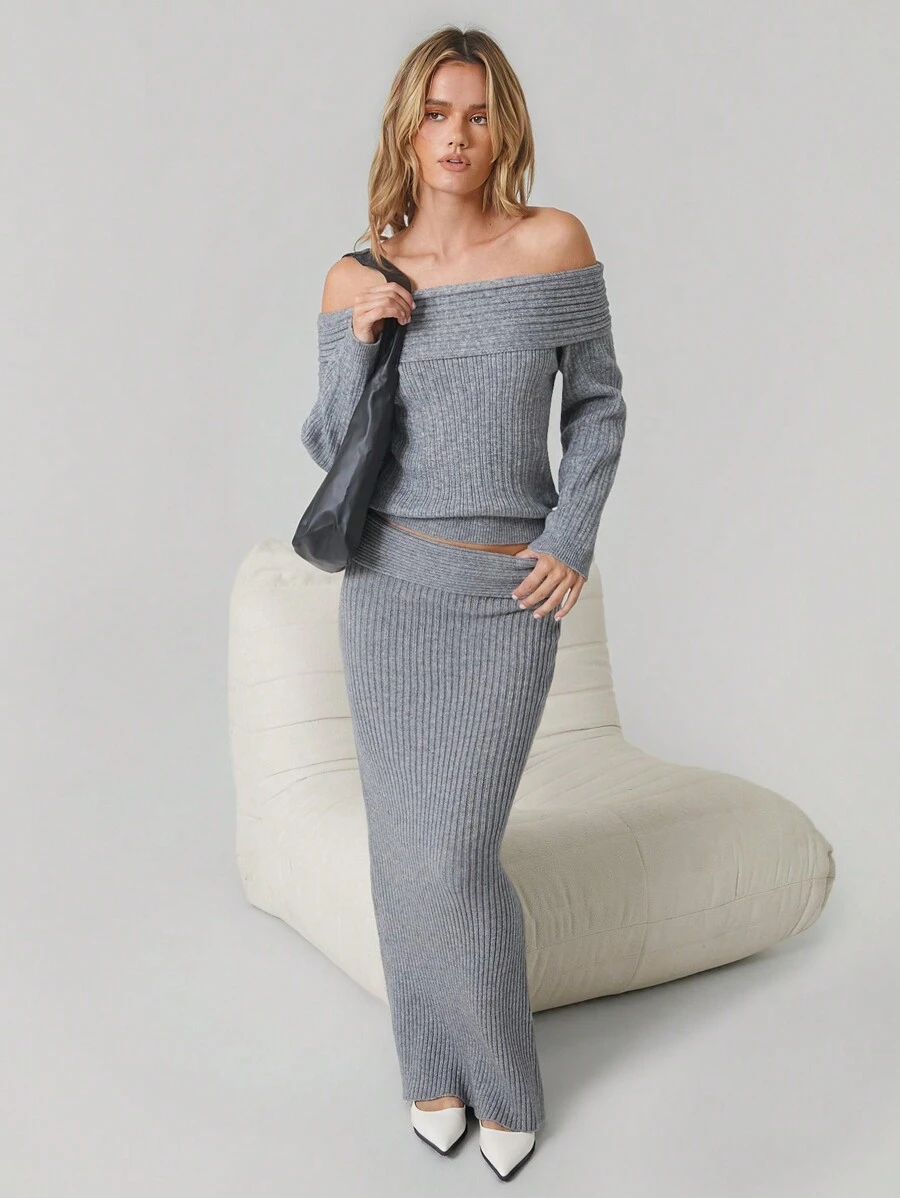 Easelle Szary damski sweter z odkrytymi ramionami i modnym długim rękawem - Szary - Zobacz 1