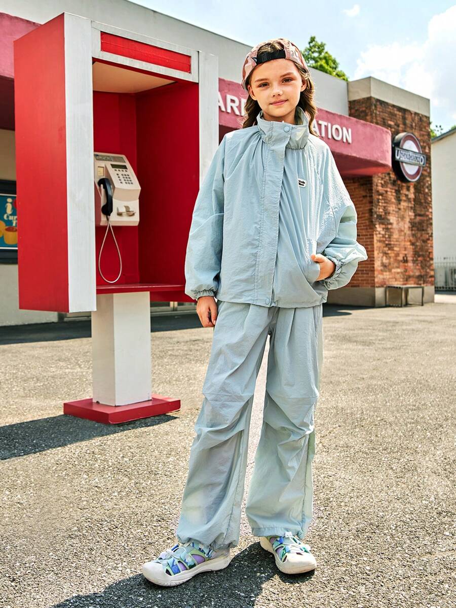 SHEIN 2 piezas/set Chaqueta larga y pantalones informales, elegantes, suaves y transpirables para niñas, cómodos y ligeros para actividades al aire libre, sesiones de fotos en la ciudad, camping