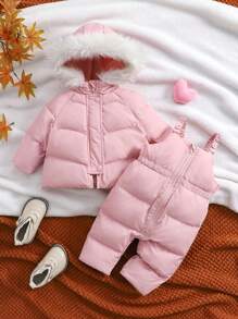 SHEIN 新生婴儿女孩和男孩，男女通用婴儿保暖连帽衫和围兜裤连体服套装，粉色，适合秋冬季户外活动、滑雪 - 粉色 - 查看 1